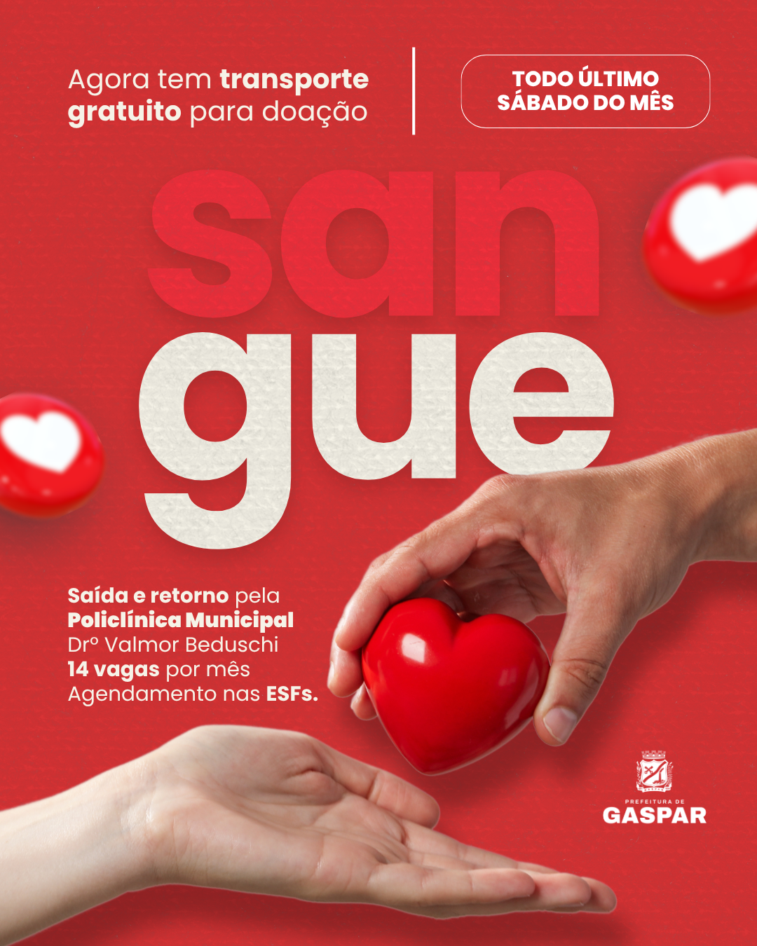 Prefeitura de Gaspar oferece transporte gratuito para doação de sangue no Hemosc